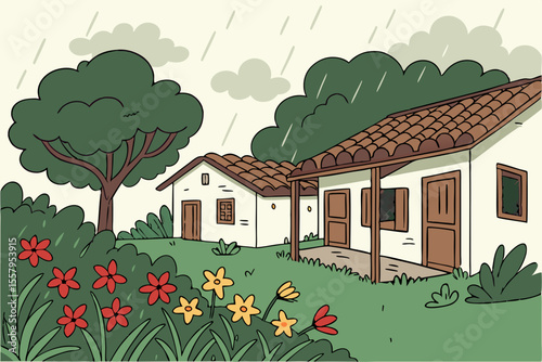 Cartoon illustration of a quaint neighborhood with small houses lush greenery and colorful flowers under a rainy sky evoking a sense of peace and tranquility