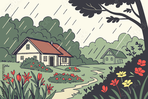 Rainy Day at the Cottage A serene illustration of a quaint cottage nestled among lush greenery with rain falling gently and flowers blooming in the