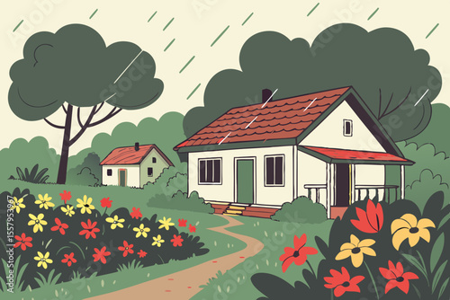 Cozy Countryside Cottage Scene with Lush Garden and Gentle Rain Featuring a Main House and Outbuilding Surrounded by Trees and Colorful Flowers in a Serene