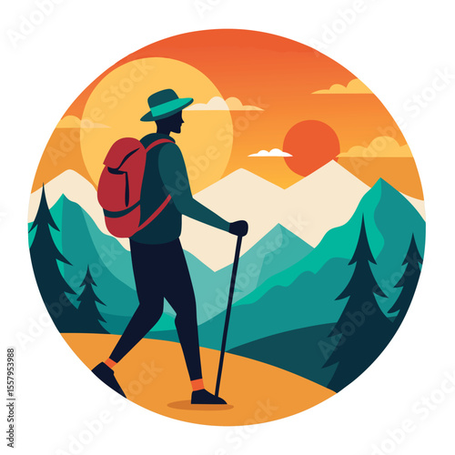 Silhouette of a hiker exploring the mountains during sunset with scenic background