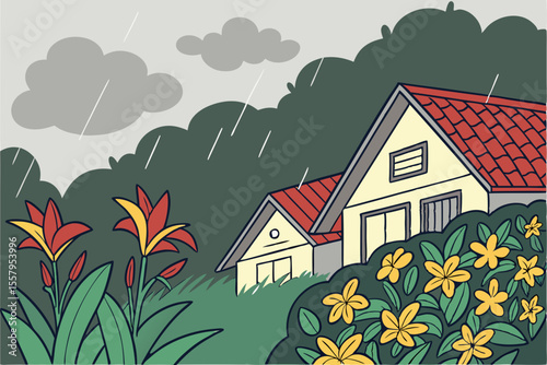 Illustration of a house in the rain with flowers in the foreground showcasing a peaceful yet slightly melancholic scene with vibrant colors and a cartoon