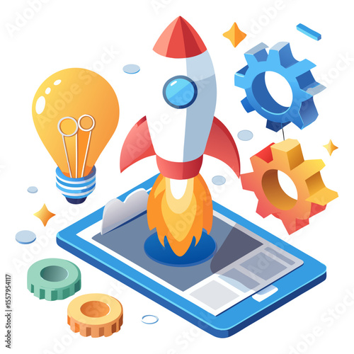 Vibrant isometric illustration depicting a rocket launching from a tablet, surrounded by a lightbulb and gears, symbolizing startup innovation, digital development, and business growth.