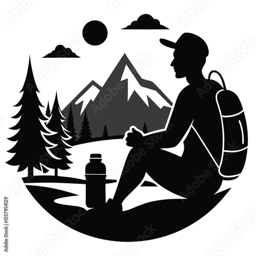 Silhouette of a hiker resting in the mountains with backpack and water bottle