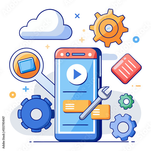 Flat illustration of a mobile phone surrounded by cloud, gears, and tools, symbolizing mobile app development, cloud services, and technical support.