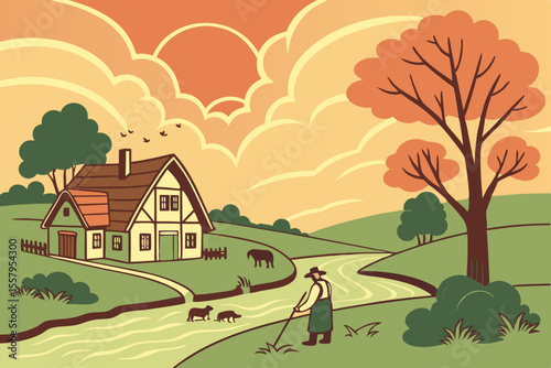 Rural landscape illustration featuring a traditional house farmer tending to the land livestock and a river under a warm sunset sky creating a peaceful countryside