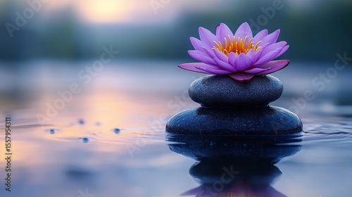 purple water lily resting on two smooth black stones in calm reflective water at sunset