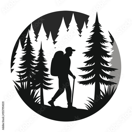 Silhouette of a hiker with backpack trekking through forest landscape in circle