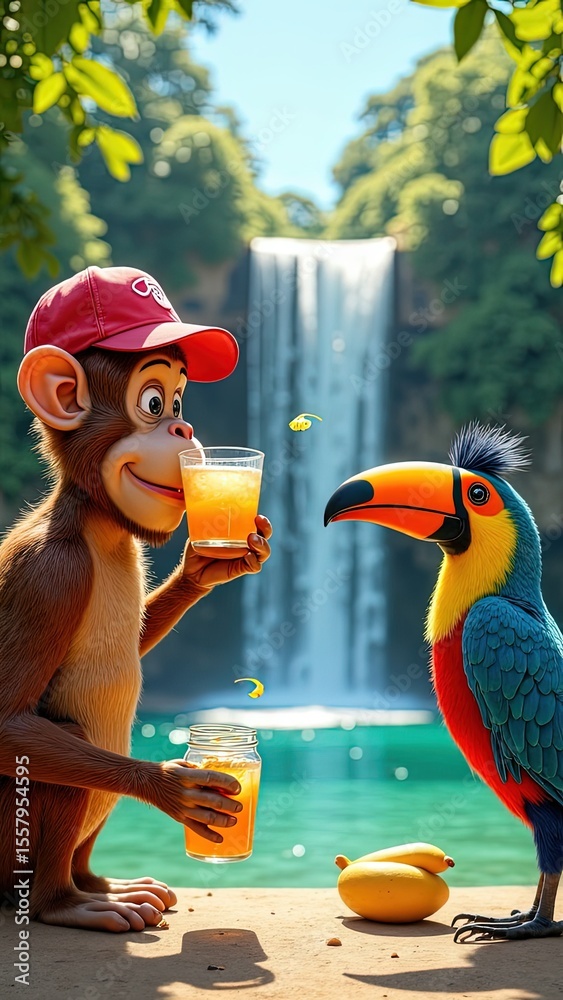 Fototapeta premium Cheerful Cartoon Monkey and Toucan Enjoying Juice by Tropical Waterfall, Vibrant Jungle Nature Scene