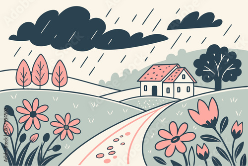 Whimsical Rainy Day Landscape with House and Flowers featuring a charming house nestled in a field of flowers under a rainy sky with trees and