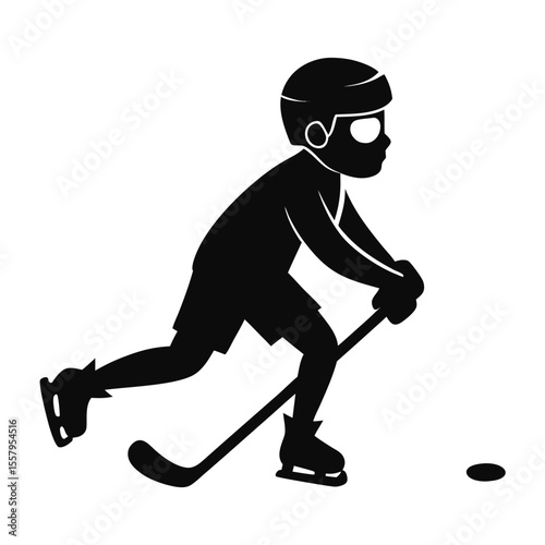 Silhouette of a hockey player dribbling the puck with focus and determination on white background