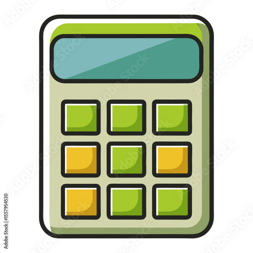 Simple, colorful illustration of a calculator with a screen and a grid of green and yellow buttons, symbolizing basic computation and mathematical functions.