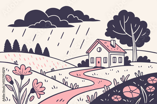 Charming Cottage in a Rainy Landscape Illustration