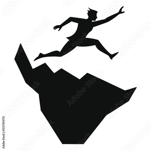 Silhouette of a man leaping across a chasm symbolizing courage and perseverance