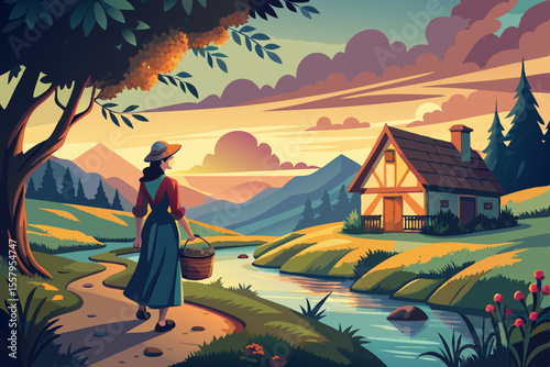 Woman Walking by River Towards Cottage at Sunset