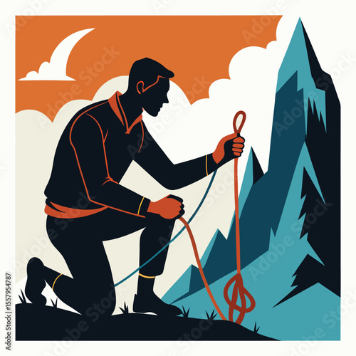 Silhouette of a mountain climber prepares for adventure with ropes and equipment