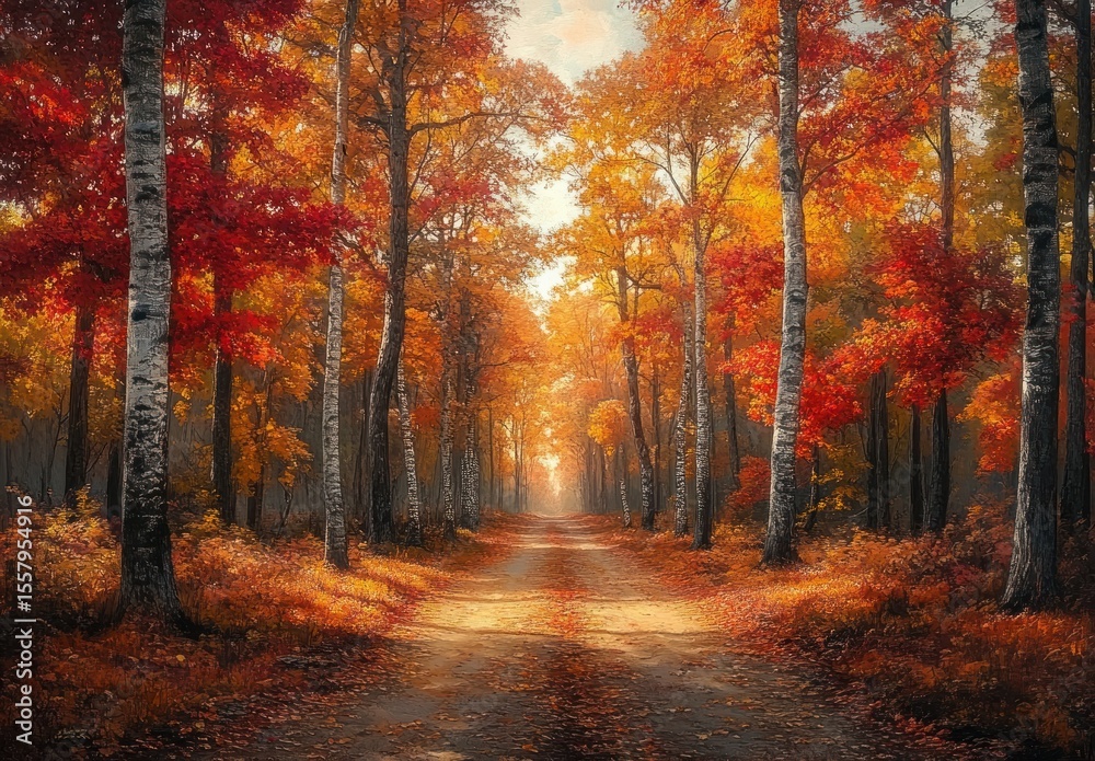 Naklejka premium serene forest path lined with tall birch trees showcasing vibrant autumn foliage in shades of orange and red under soft sunlight