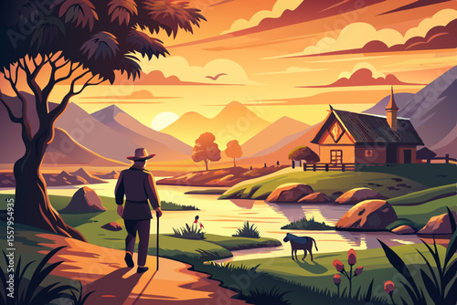 Elderly Man Walking at Sunset by a River and House in Mountains