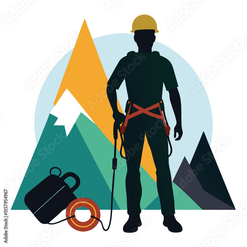 Silhouette of a mountain climber with safety gear and geometric mountain background