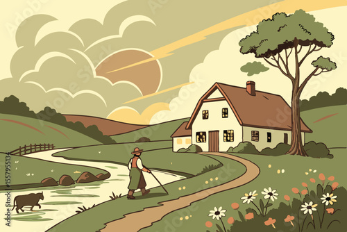 Peaceful Countryside Scene with Farmhouse and Walking Man