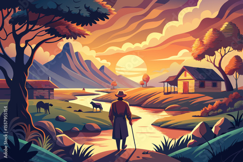 Serene Sunset Landscape with Man Walking by River