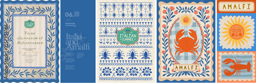 Amalfi Summer Print. Cute italian and greek mediterranean illustrations of crab, lobster, sun, postage stamp and seamless pattern for poster, invitation or background
