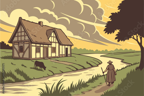 Woman Walking by River Near Thatched Roof Cottage