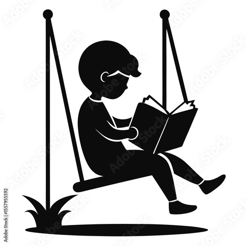 Silhouette of a young child reading a book while sitting on a simple swing