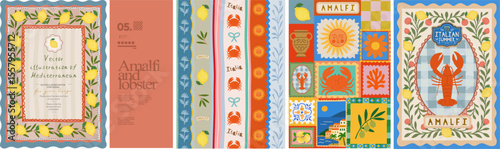 Italian Mediterranean print. Amalfi. Vector illustrations of lemons, lobster, crab, aesthetic invitation, seamless striped pattern, postage stamps for poster, background or greeting card