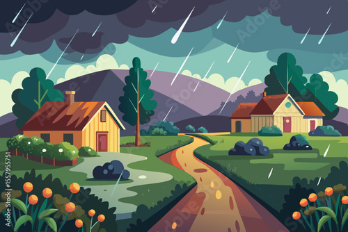 Rainy Day Countryside Scene with Farmhouses