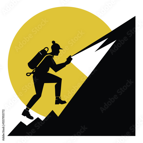 Silhouette of an adventurer climbing a mountain with a sun symbol in the background