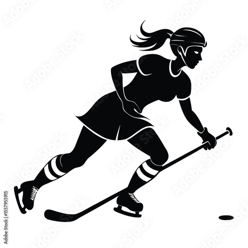 Silhouette of an ice hockey player skating and stickhandling the puck skillfully for a goal