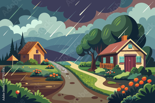 Rainy Day Countryside Scene with Farmhouses