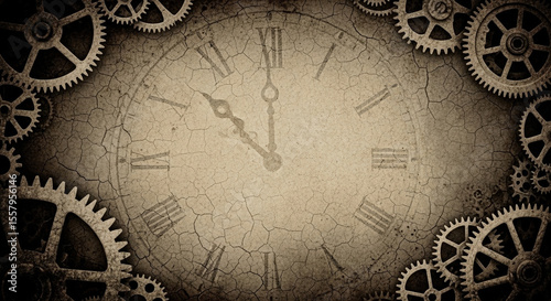 A steampunk grunge background with rusted metal gears and a faint clock face on a heavily textured, aged, and rustic surface