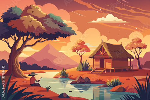 Peaceful Sunset Scene by a River with a Hut