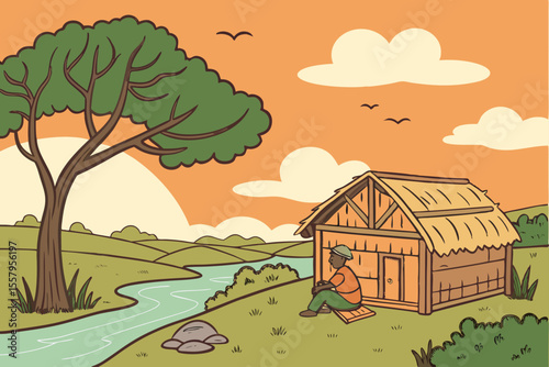 Man Sits Beside a Thatched Hut by a River