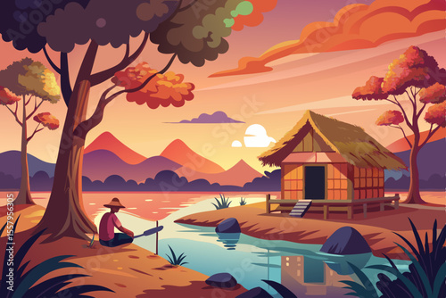 Peaceful Sunset Scene with Traditional Hut