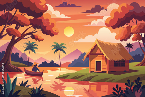 Sunset Scene with Hut and Boat