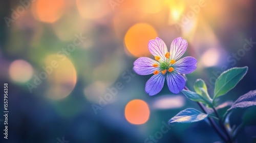A delicate purple flower blossoms, bathed in soft, warm sunlight, against a bokeh backdrop