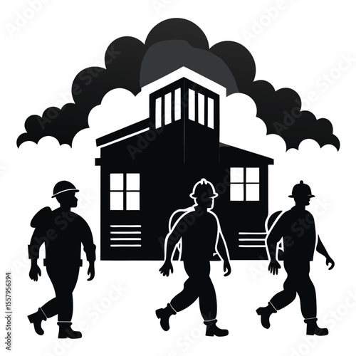 Silhouetted firefighters approaching burning building with smoke symbolizing disaster