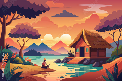 Peaceful Sunset Scene by a Lake with Hut