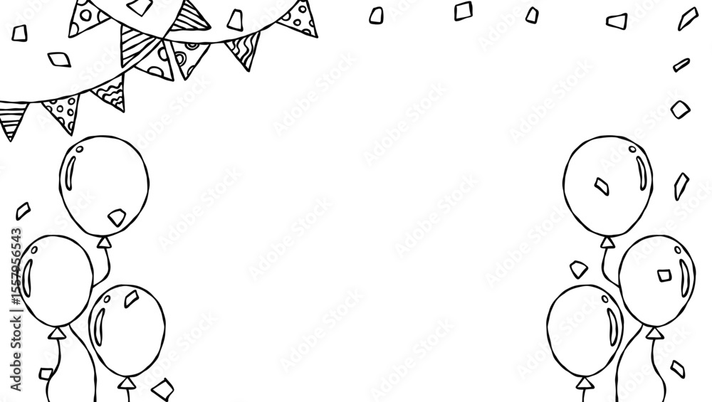 Obraz premium 手書きのデコレーションフレーム、背景、線画、紙吹雪、ガーランド、風船