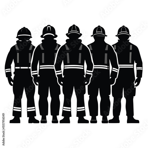 Silhouetted firefighters standing together in protective uniforms against a white background