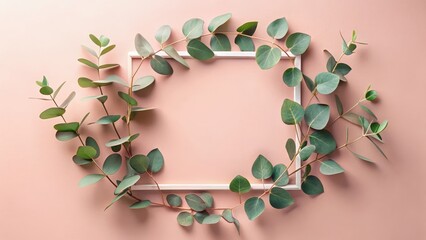 A delicate arrangement of eucalyptus branches artfully encircles a minimalist white frame, creating a serene and elegant composition on a soft pink backdrop.