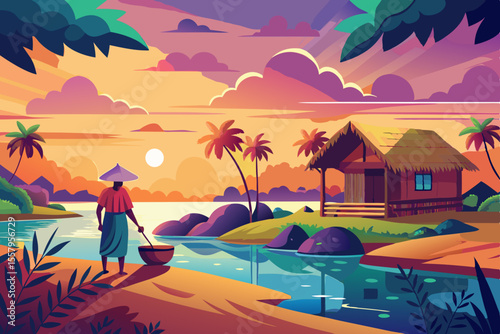 Peaceful Sunset Scene by a Tropical River