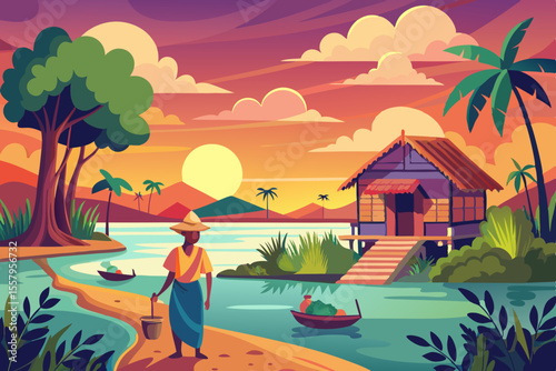 Sunset Scene of a Rural Village by a River