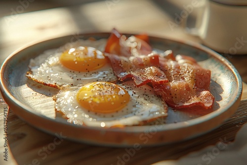 Fried eggs and bacon on a plate