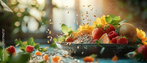 Sunflower seeds and fruits on a plate