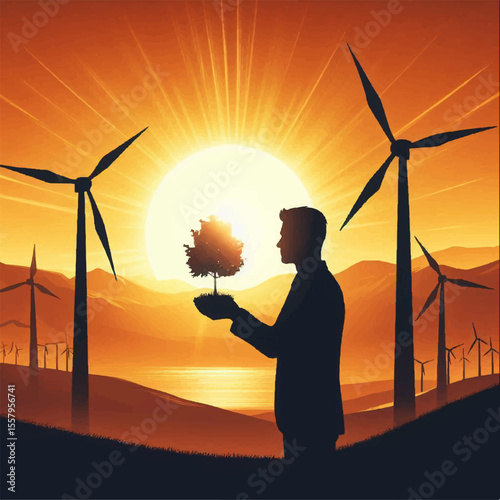 The silhouette of a man holding a small tree against the background of sunlight and wind turbines symbolizes the unity of man and nature through renewable energy. Vector graphics. EPS.