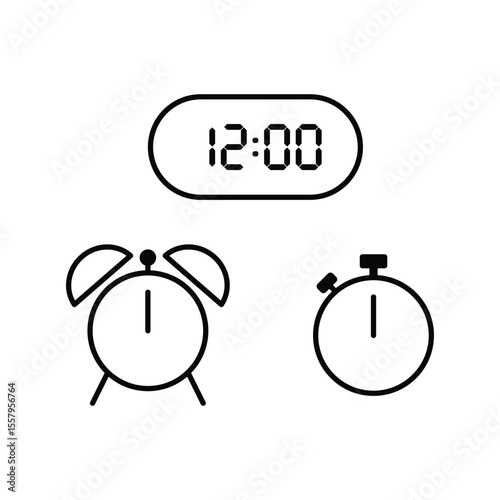 Simple vector illustration of 12 o'clock, timer and 12 o'clock alarm