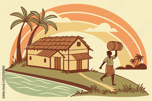 Rural Village Scene with Person Carrying Barrel